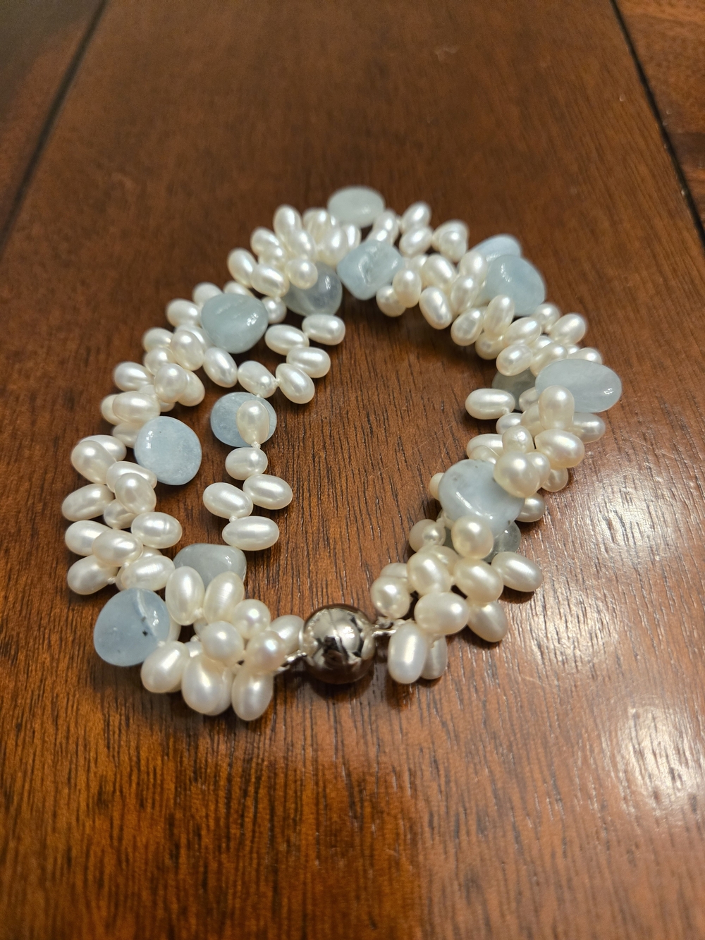 Freshwater Pearl and Light Blue Gemstone Multi-Strand Bracelet by